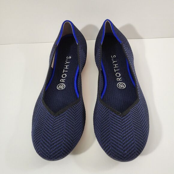 ROTHYS The Flat Women 9 Black Blue Metallic Chevron Ballet Flats Shoes Round - Picture 1 of 10